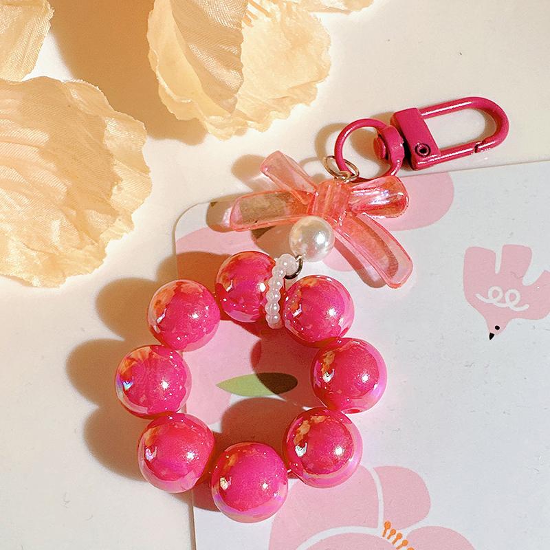 Plastic Fashion Beaded Bow Keychain Exquisite Candy Color Pearl Keyring Creative Shiny Bows Beaded Pendant Girls