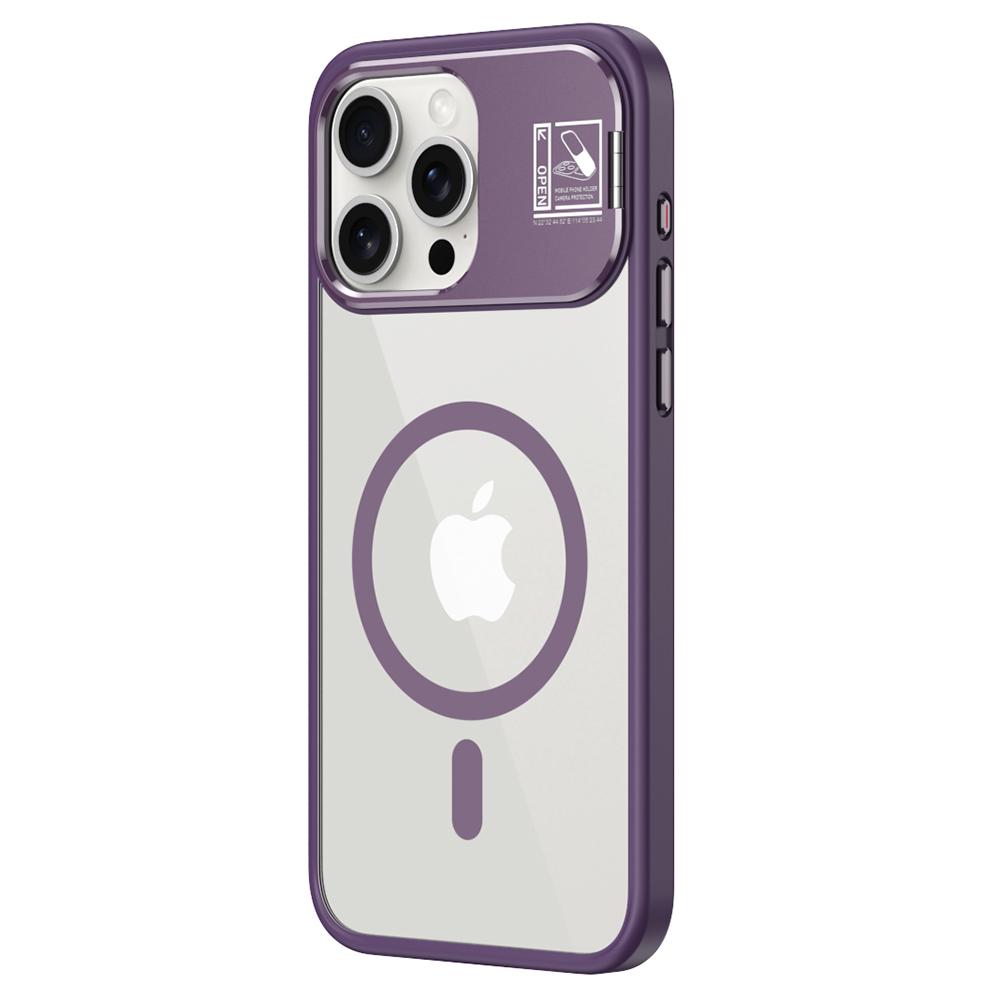 

For iPhone 15 Pro Magnetic Case TPU+Acrylic Kickstand Phone Cover with Glass Lens Film Purple