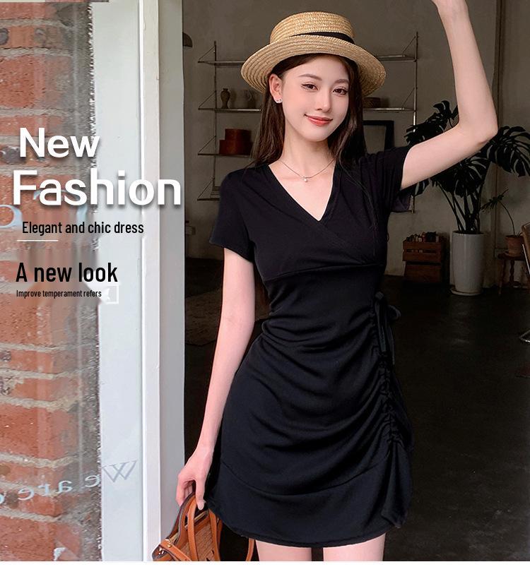 Women's Slim Fit Ruched Fishtail Little Black Dress with Drawstring Waist