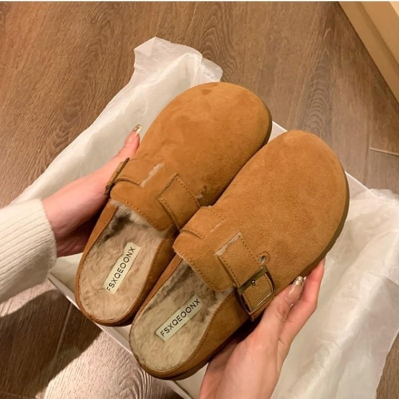 Thick-soled fluffy Birkenstock half-slippers, winter new one-pedal lazy shoes, velvet cotton slippers