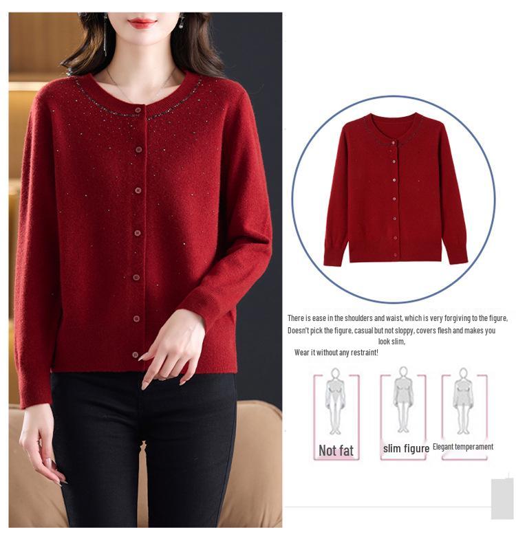 Women's Pure Wool Knit Cardigan - Spring Fashion Casual Round Neck Sweater for Middle-aged Mothers, Autumn/Winter Outerwear