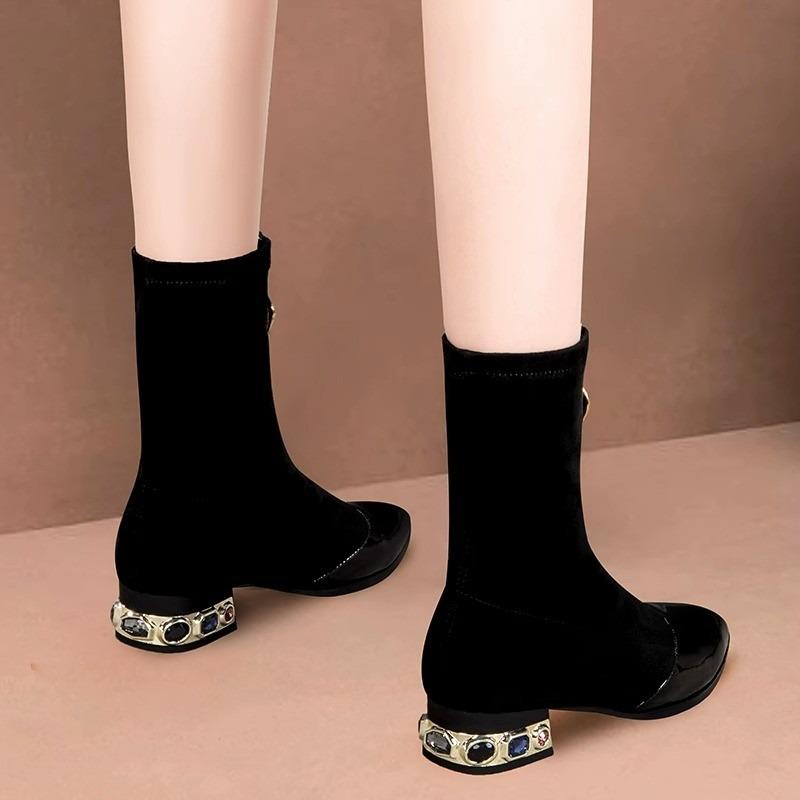 Naiste läikivad litritega poolsaapad, talvemood, terava otsaga eesmine tõmblukk Rhinestone'i kandilised kontsad, lühikesed saapad, retromoodsad mootorrattakingad