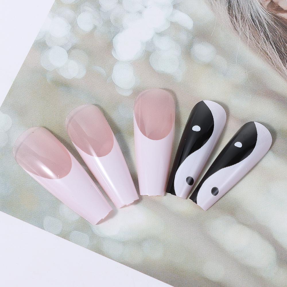 Fake Nails Ballerina False Nail Tips Long Coffin with Taichi Design White and Black Mixed Colors