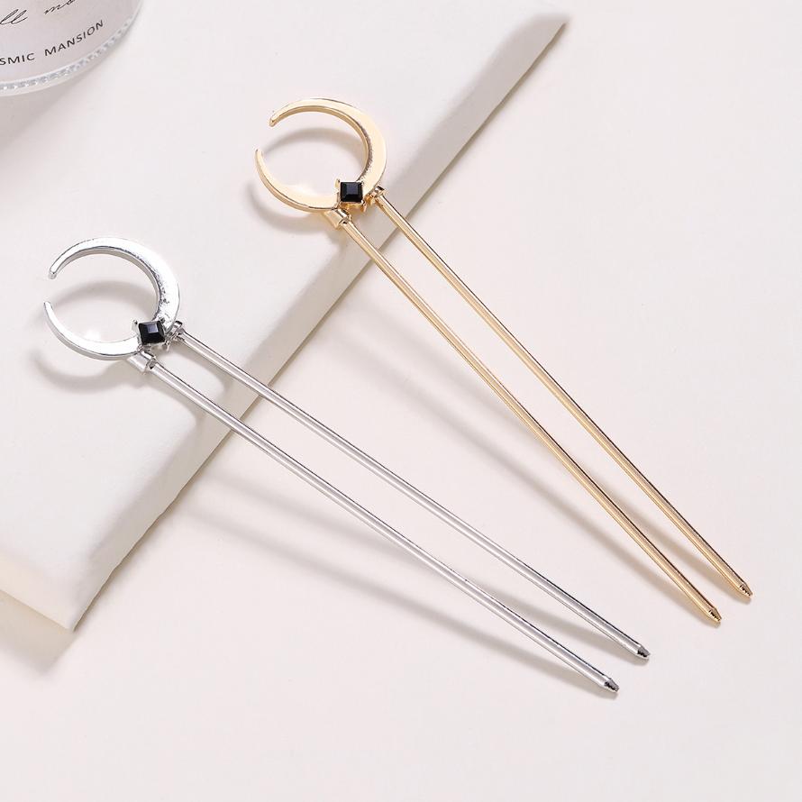 Trendy U Shape Metal Moon Hair Sticks for Women Vintage Elegant Chinese Black Crystal Hairpins DIY Hairstyle Hair Accessories