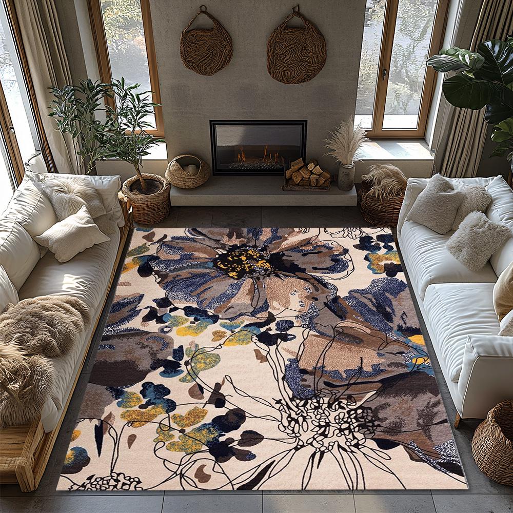 Cream White Floral Bohemian Rug, Purple Blue Flower Pattern Non-Slip Carpet, Artistic Living Room Mat for Vintage Home Decor