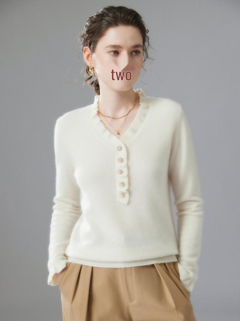 Solid Color Women's Cashmere Knit V-Neck Lace Top