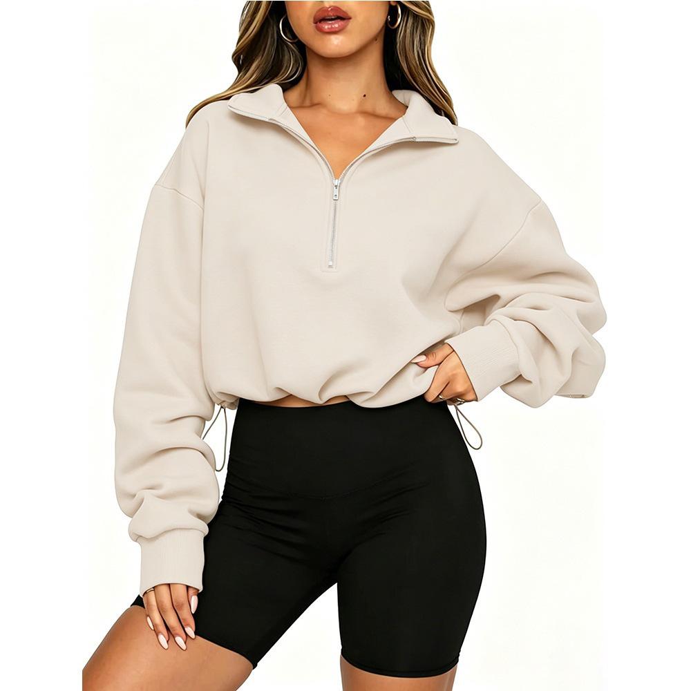 Damen-Sweatshirt mit halbem Reißverschluss und Kragen, Tunnelzug in der Taille und langen Ärmeln, Europäischer & Amerikanischer Stil, Herbst/Winter 2026