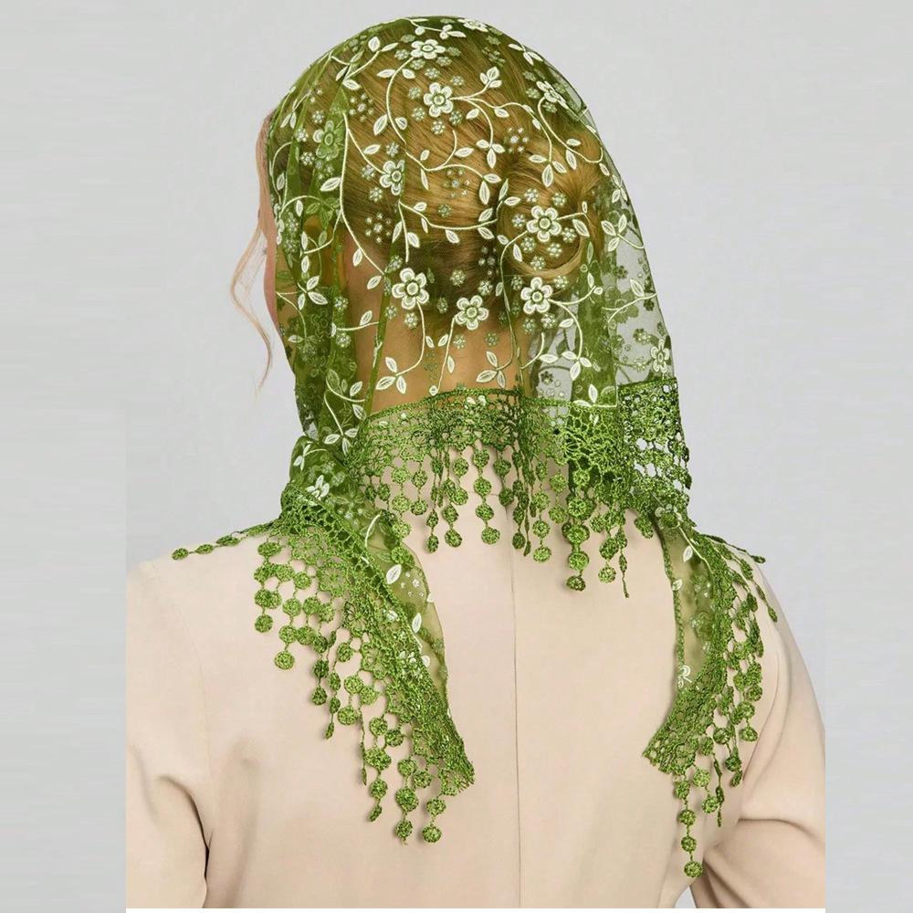Lace Headscarf Floral Hollow Breathable Solid Color Women's Triangle Scarf Silk Scarf