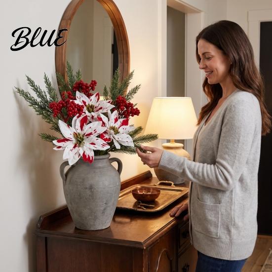 Red Petal Holiday Floral Decor Christmas Artificial Flowers, Faux Poinsettia Stems with Berries & Maintenance Free Seasonal Plants Pine Branches,