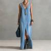 Women V Neck Sleeveless Denim Maxi Dress with Front Slit Casual Long Jean Dress Simple Loose Fit Style