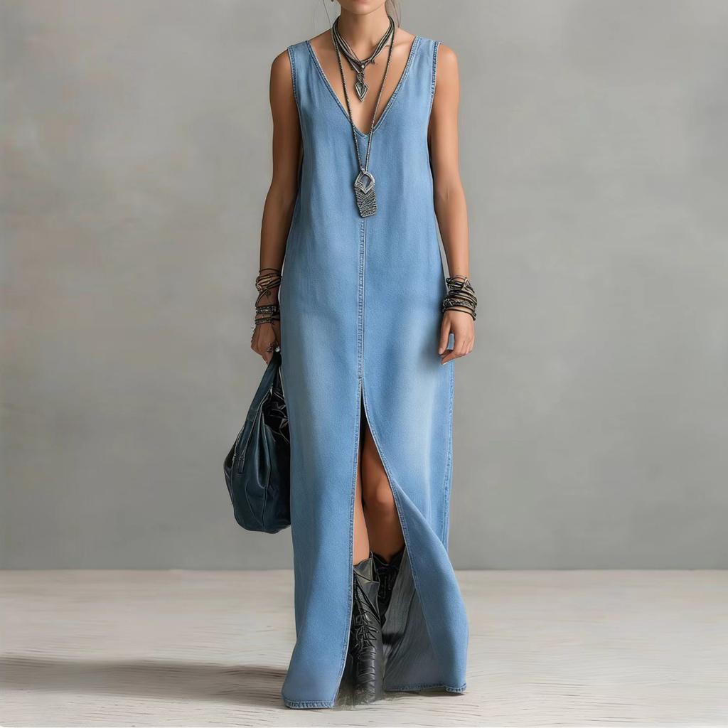 Women V Neck Sleeveless Denim Maxi Dress with Front Slit Casual Long Jean Dress Simple Loose Fit Style