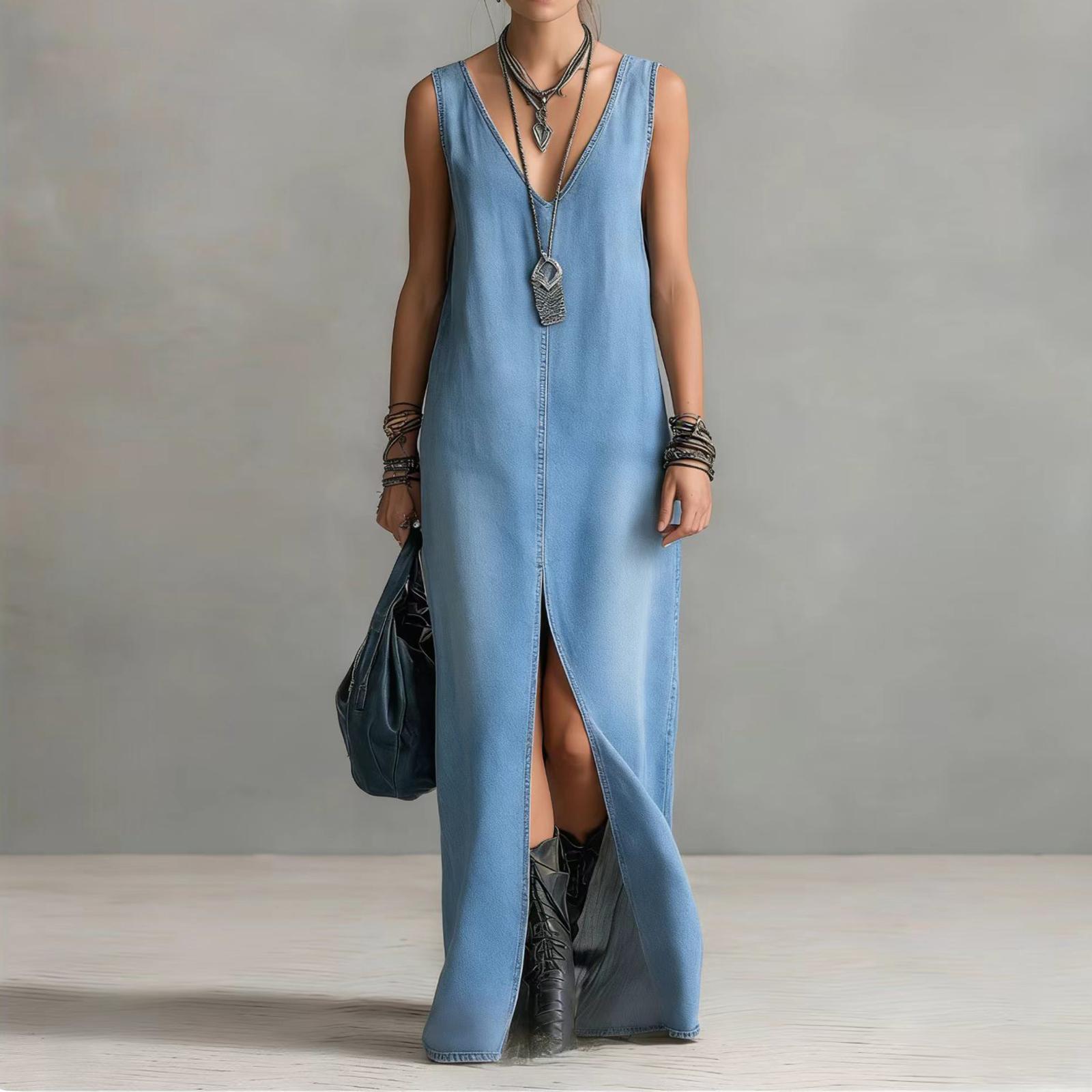 

Women s Color V Sleeveless Front And Bottom Slit Casual Long Denim Skirt XXL