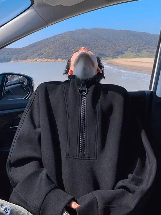 Herren Dekonstruierter Halbreißverschluss Schwerer Hoodie - Herbst/Winter Trend, Lockerer Nischen-Design Freizeitpullover