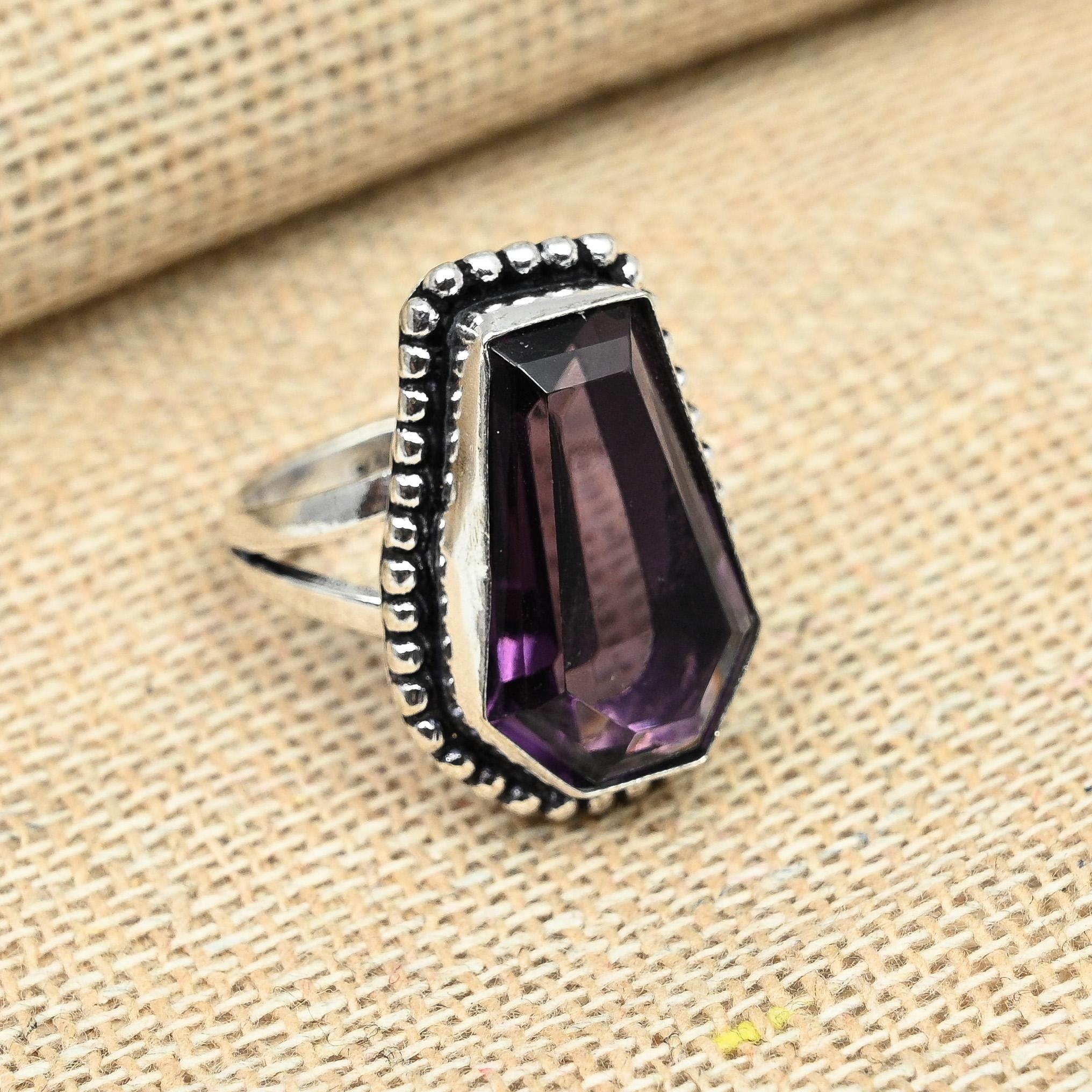 

Кольцо с фиолетовым аметистом и драгоценным камнем, стерлинговое серебро 925 пробы, ювелирные изделия ручной работы, подарок на День благодарения для нее 7.5