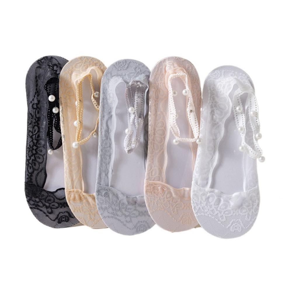 

5Pairs Transparent Lace Boat Socks Anti-Slip Invisible Socks Women Thin Pearl Ankle Socks Women 5Pairs