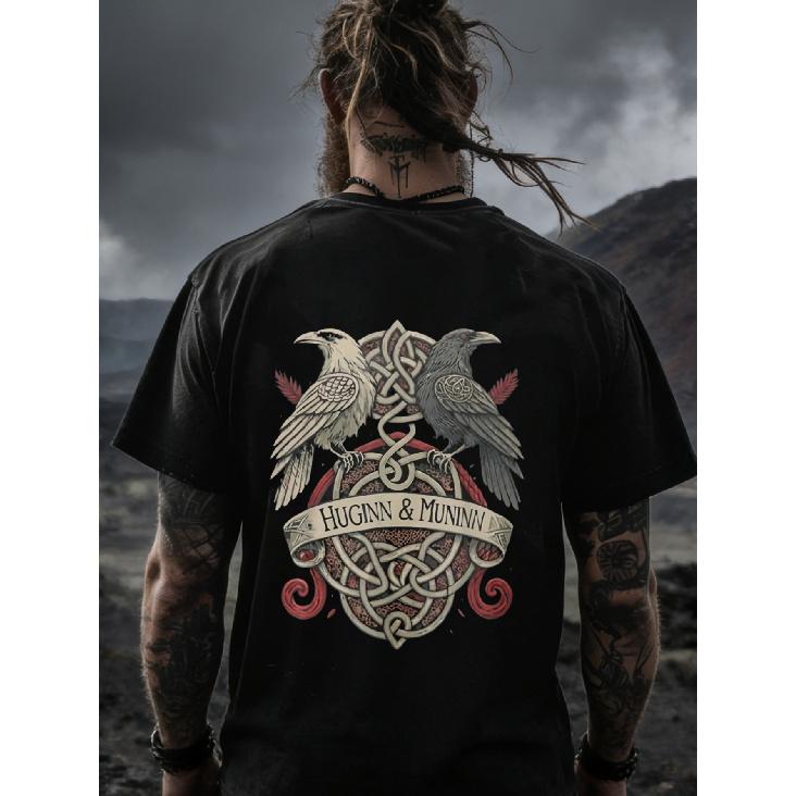 Black T Shirt with Huginn And Muninn Norse Ravens Celtic Knot Design for Viking Themed Events And Outdoor Adventures, PLUS SIZE