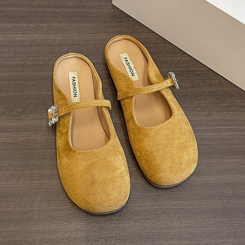 

Ретро замшевые туфли Мэри Джейн, полушлепанцы, женские 2025 лето, новые, с ремешком и пряжкой, на плоской подошве, со стразами, крутые шлепанцы женские 40 жёлтый