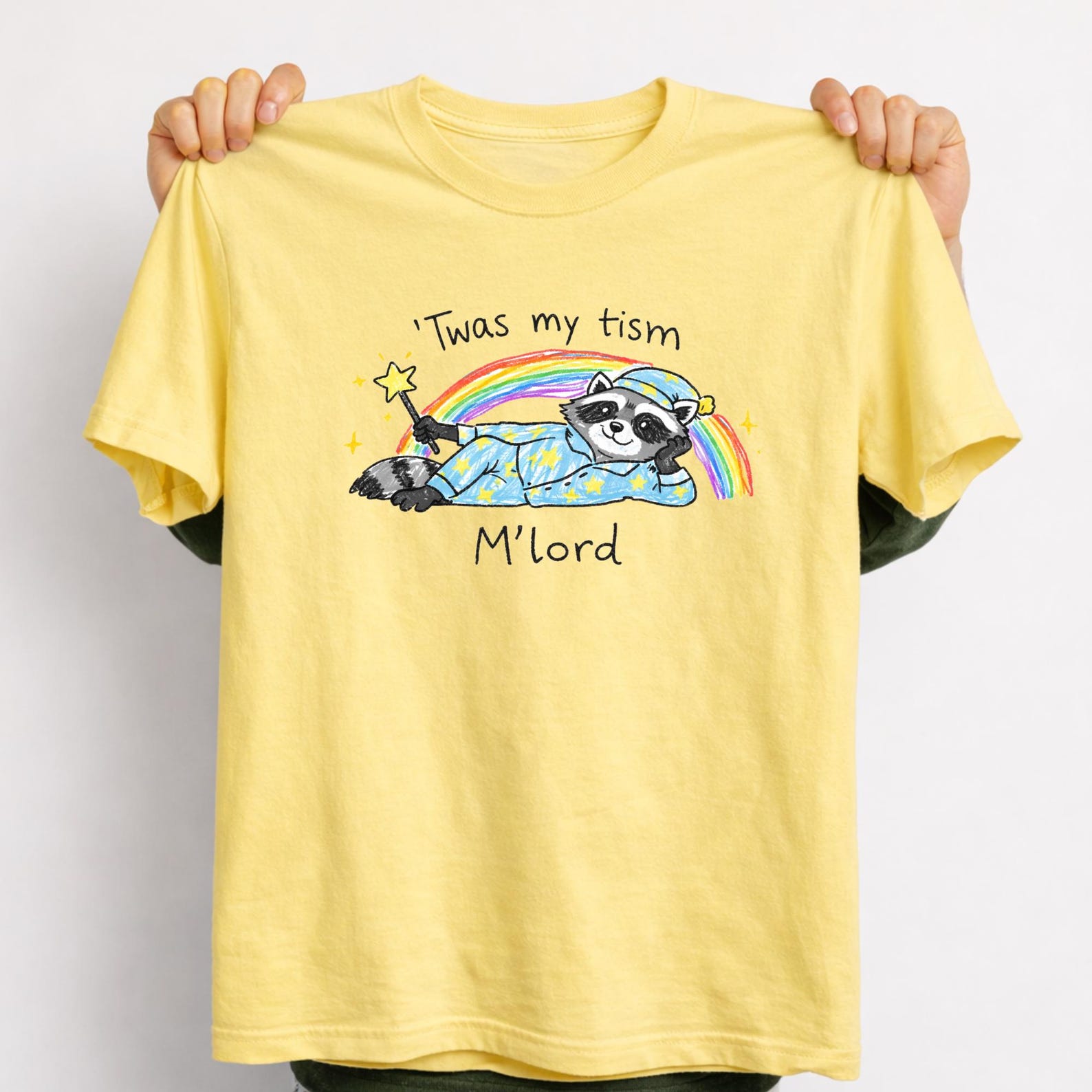 Stylish Cute Raccoon Pajama Shirt – ’Twas My Tism M’lord – Funny Neurodivergent Autism Graphic Tee. 3XL