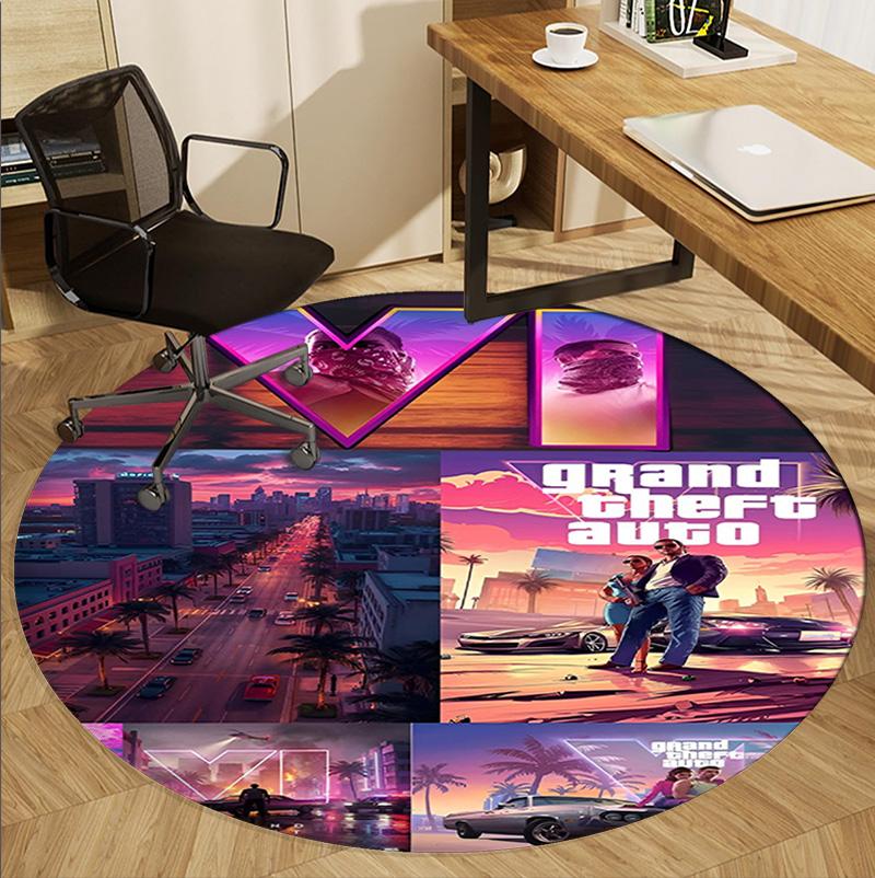 Grand Theft Auto VI Pattern Round Rug, Indoor/Outdoor Mat, for Picnic, Gameroom, Bedroom, Office, Living Room, Home Decor Carpet, Birthday Gift