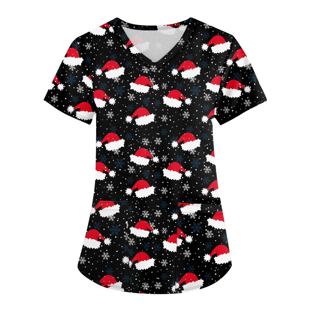 Vêtements de travail à manches courtes et col en V pour femmes avec poches et hauts imprimés de Noël