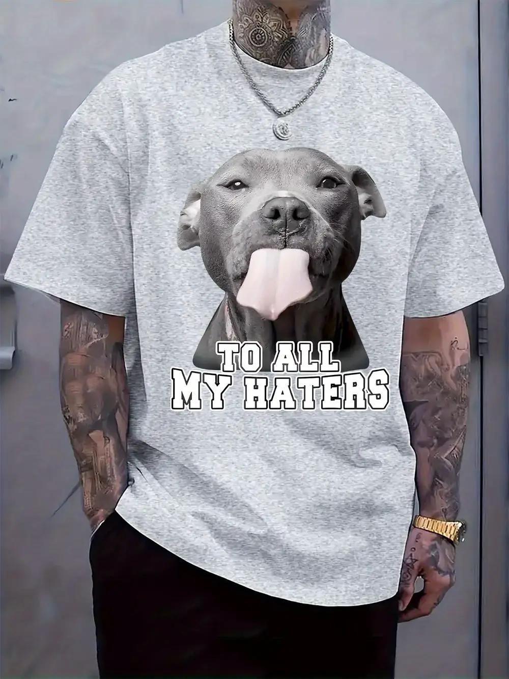 

Black T-shirt with Pitbull Graphic & To All My Haters Print - Casual Crew Neck XXXL