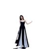Französische Patchwork-Kontrastfarben-Latzkleid Damen Sommer Design-Gefühl Taille A-Linien-Rock Großer Saum Bodenlanges Kleid