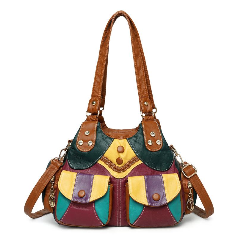 Однолямочная Сумка-кроссбоди с Цветным Пэчворком, Большой Вместимости, Многослойная, из Стиранной Кожи, Коммутерская Сумка