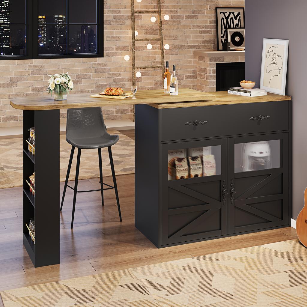 Extendable bar table with storage (138-204×39×104cm), 360° rotatable dining bar, kitchen island bistro table, sideboard cabinet with shelves, black