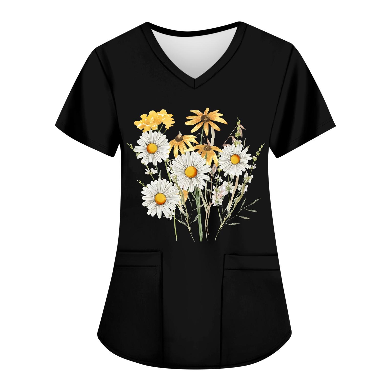 

Женские модные топы с короткими рукавами и V-образным вырезом с принтом, рабочие футболки с карманами XXXXXL чёрный