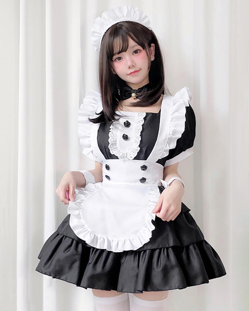 [Milky Time] Dienstmädchenkostüm, Cosplay, Halloween-Kostüm, Rüschenbesatz, Minilänge, Blume, Knopf