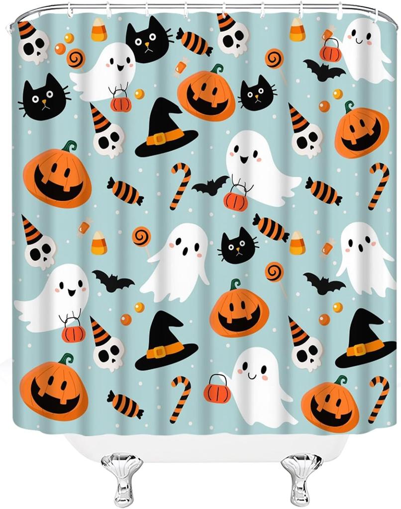 Halloween Shower Curtain Cute Ghost Pumpkins Cartoon Spooky Skull Gothic Fabric Decorative Bathroom Curtains with Hooks,Teal