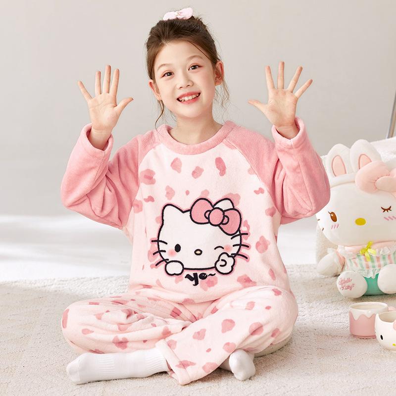 Kids Flannel Pajamas Set Boys Girls Warm Long Sleeve Top And Pants Sleepwear Winter Home Nightwear