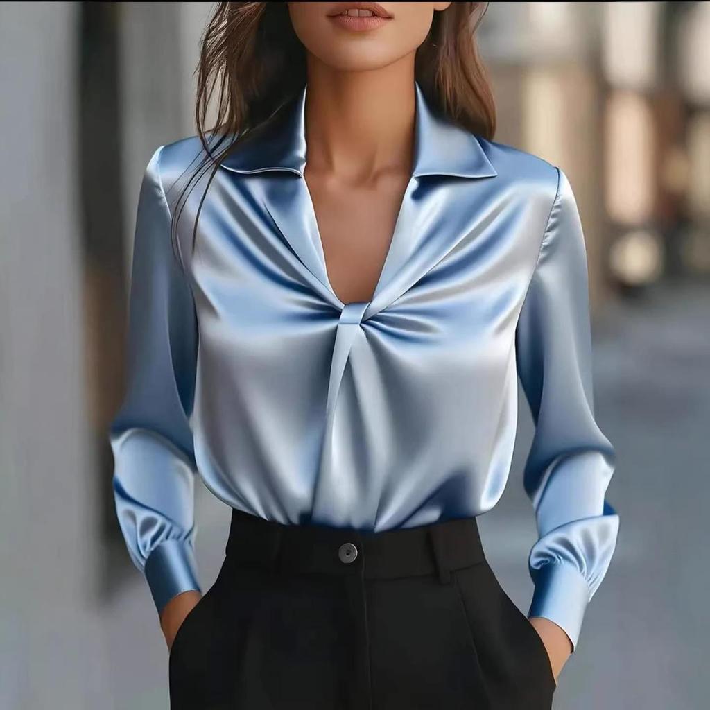 Autumn Fashion Solid Color Satin Pleated Long Sleeve Shirt for Women