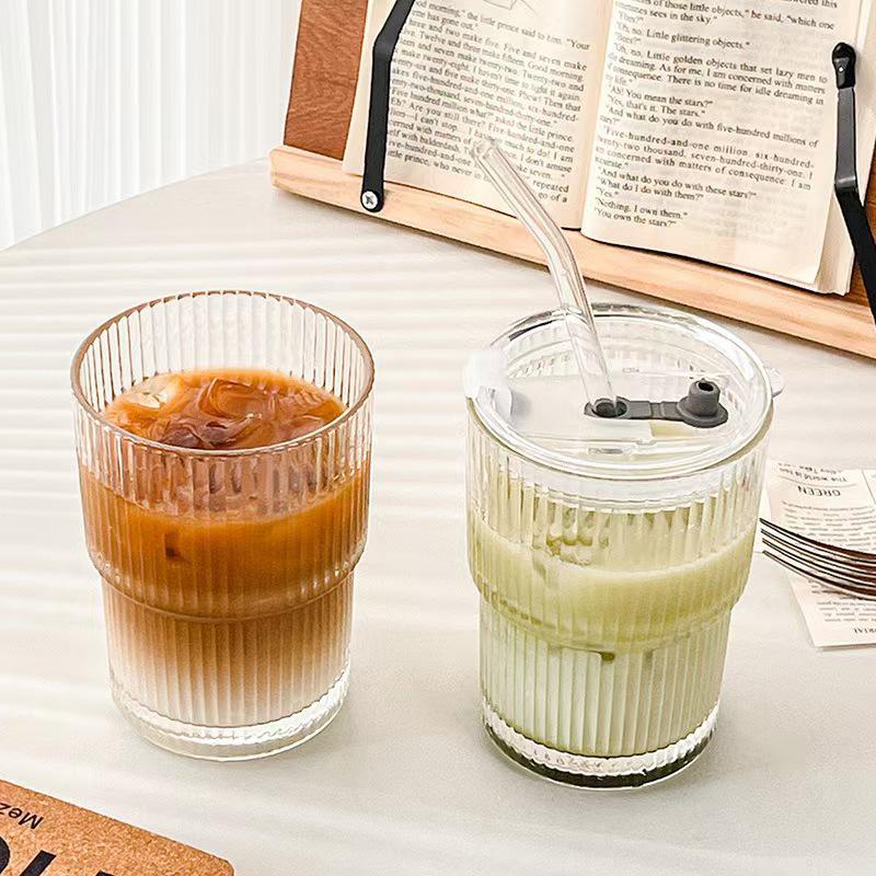 Stylish Vertical Stripe Glass Water Cup with Straw and Lid - Perfect for Iced Drinks