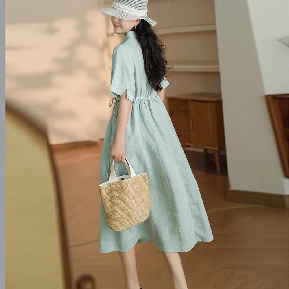 

Однотонна бавовняно-лляна сукня з коротким рукавом жіноча 2025 літо фасон вільний та тонкий модний комір поло середньої довжини 2XL світло-синій колір