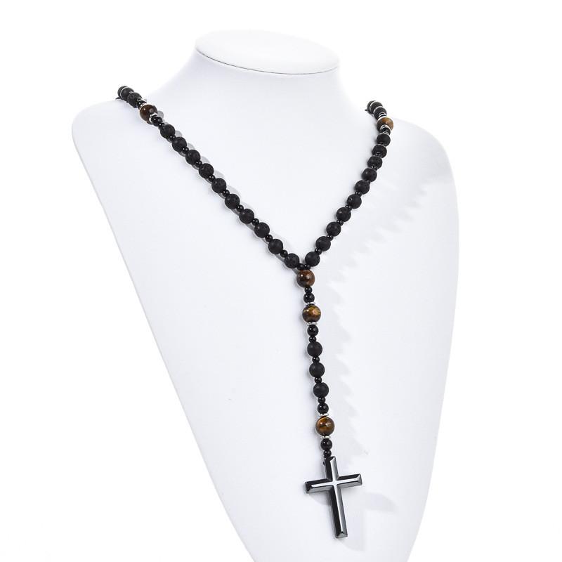 Collana Croce in Occhio di Tigre Vulcanico di Ossidiana per Uomo e Donna con Ciondolo Metallico Artigianale