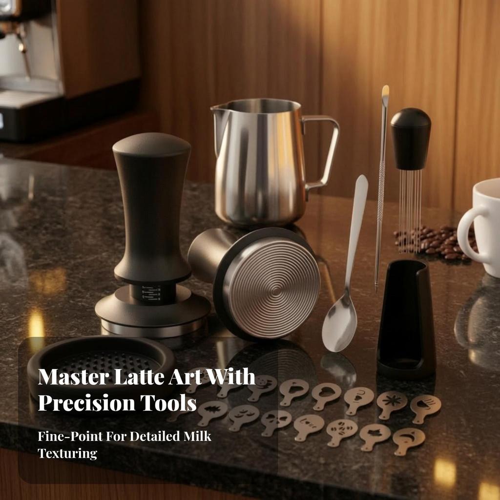 Espresso Tamping Kit with Pitcher Ergonomic Latte Art Set Stencils Non-Slip