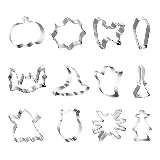 12Pcs Halloween Cookie Cutter Set, Stainless Steel Biscuit Molds, DIY Pumpkin Ghost Black Cat Bat Baking Tool for Party, Creative Halloween Gift