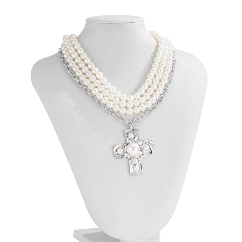 Pearls Crosses Necklace for Women Elegant Gold Layer Choker with Statement Pendant and Buckles Chain Adjustable