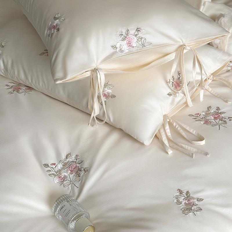 100S long-staple cotton satin bed four-piece set, cotton French girl heart embroidery pure cotton bed sheet quilt set three-piece set