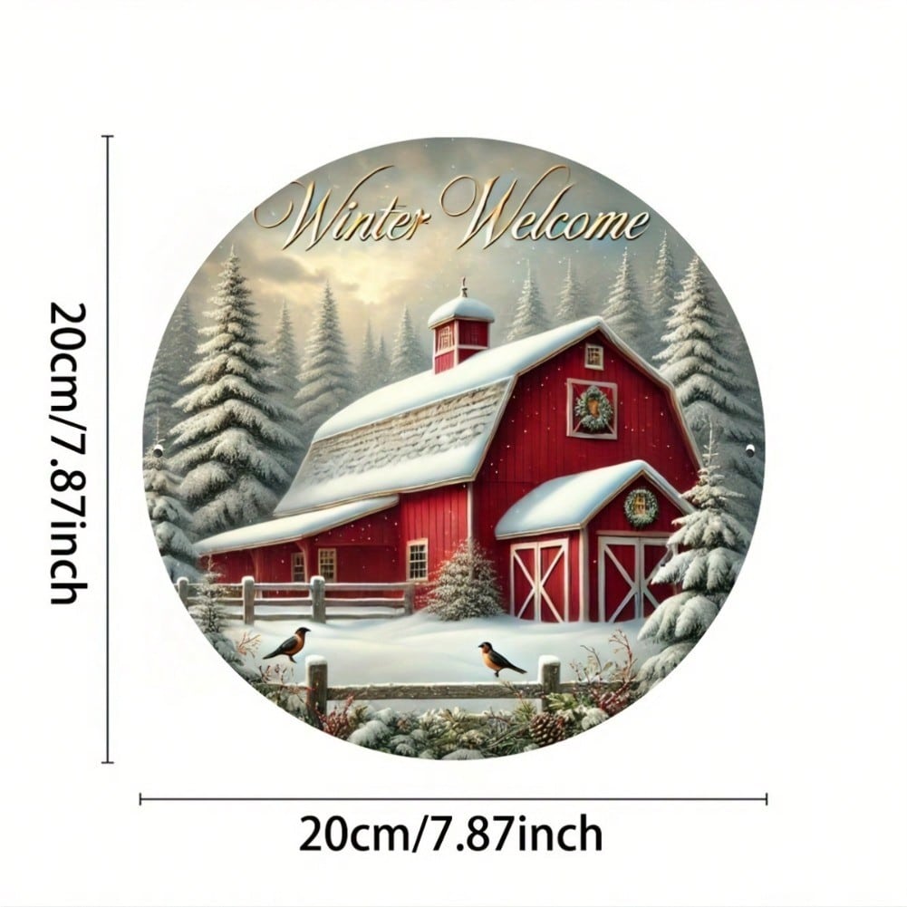 

Winter Red Barn Snow Scene Round Iron Sign for Home Decor 20cm 8 Inch Wall Art Gift 20x20