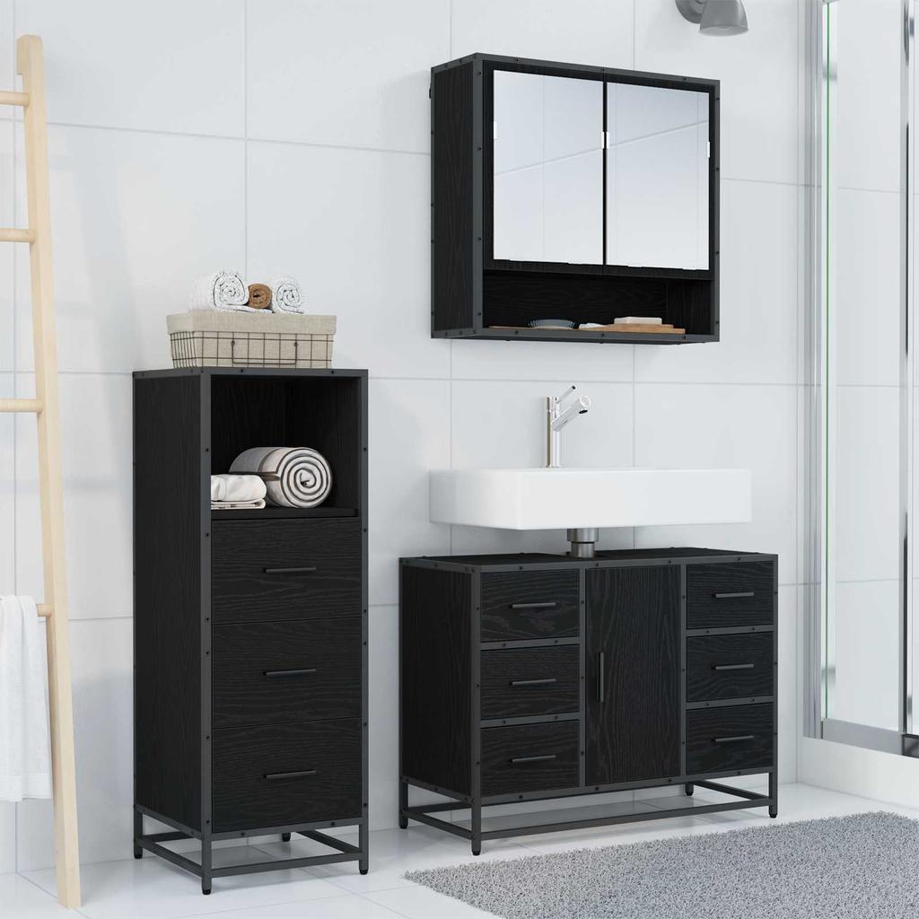 Bathroom Furniture Set 3 Pcs Black Oak Effect Particleboard