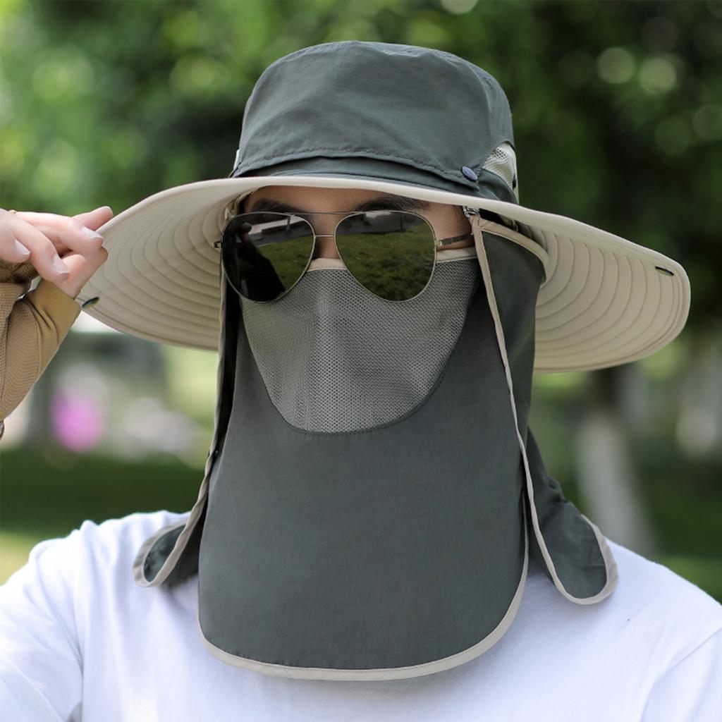 Men's Outdoor Sun Protection Hat Removable Face Cover Breathable Fishing Bucket Hat Wide Brim Labor Sunshade Cap for Hiking Camping