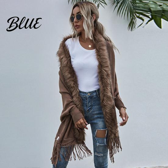 Women Poncho Batwing Long Sleeve Open Stitch Mid-Length Loose Fit Shawl Cardigan Fall Winter Artificial Fur Collar Tassel Hem Knitting Outerwear