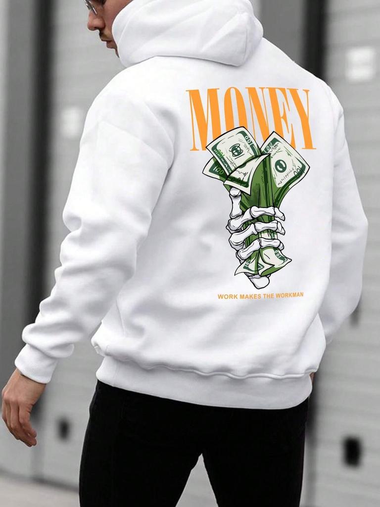 Street Trend Letter Money Printing Hoodie For Men Pocket Drawstring Pullovers Fleece Warm Sweatshirts Autumn Comfortable Clothes
