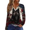 Women's Casual Long Sleeve V-Neck T-Shirt with Halloween Print and Decorative Buttons