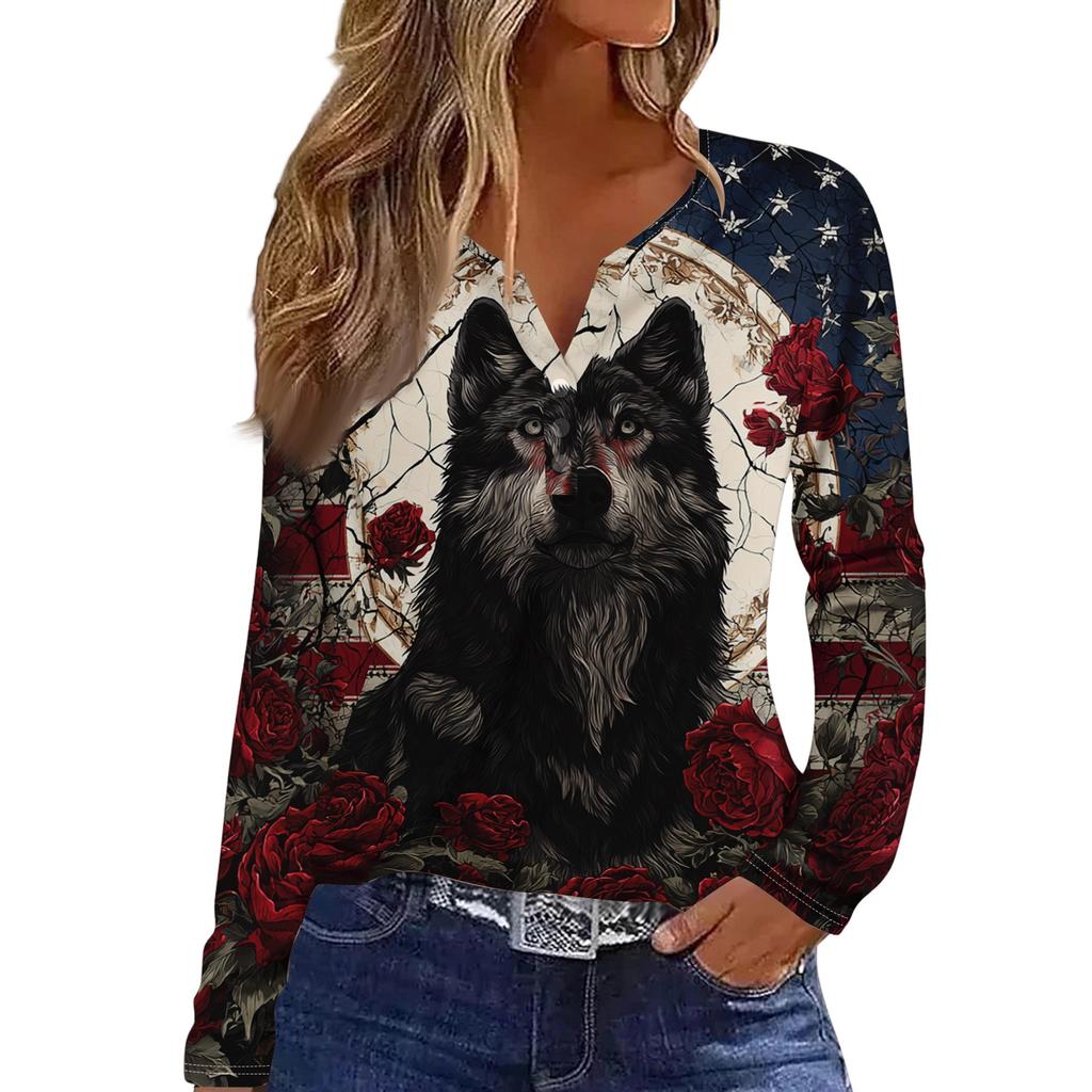 Women's Casual Long Sleeve V-Neck T-Shirt with Halloween Print and Decorative Buttons