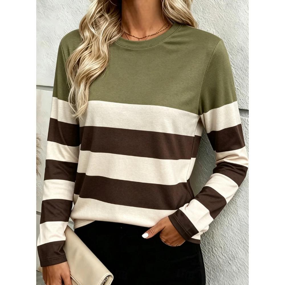 Oberteile für Damen Gestreiftes Muster Print Rundhals Langarm T-Shirt Herbst Lässig Eng Anliegend Pullover Damen Langarm Oberteil