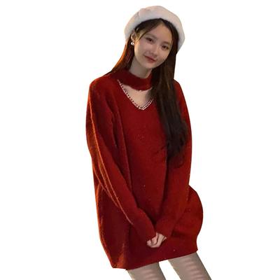 NOLCCTN Knit Long Christmas Knit Long Loose High MY218 Women's Dress, Sleeve, Tunic, Sweater, Slimming, Fit, Neck, Autumn/Winter, (M, Red)