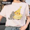 Women's Polyester 100% European-Style Cartoon Parrot Cat Print T-shirt Short Sleeve Harajuku Graphic Top Summer